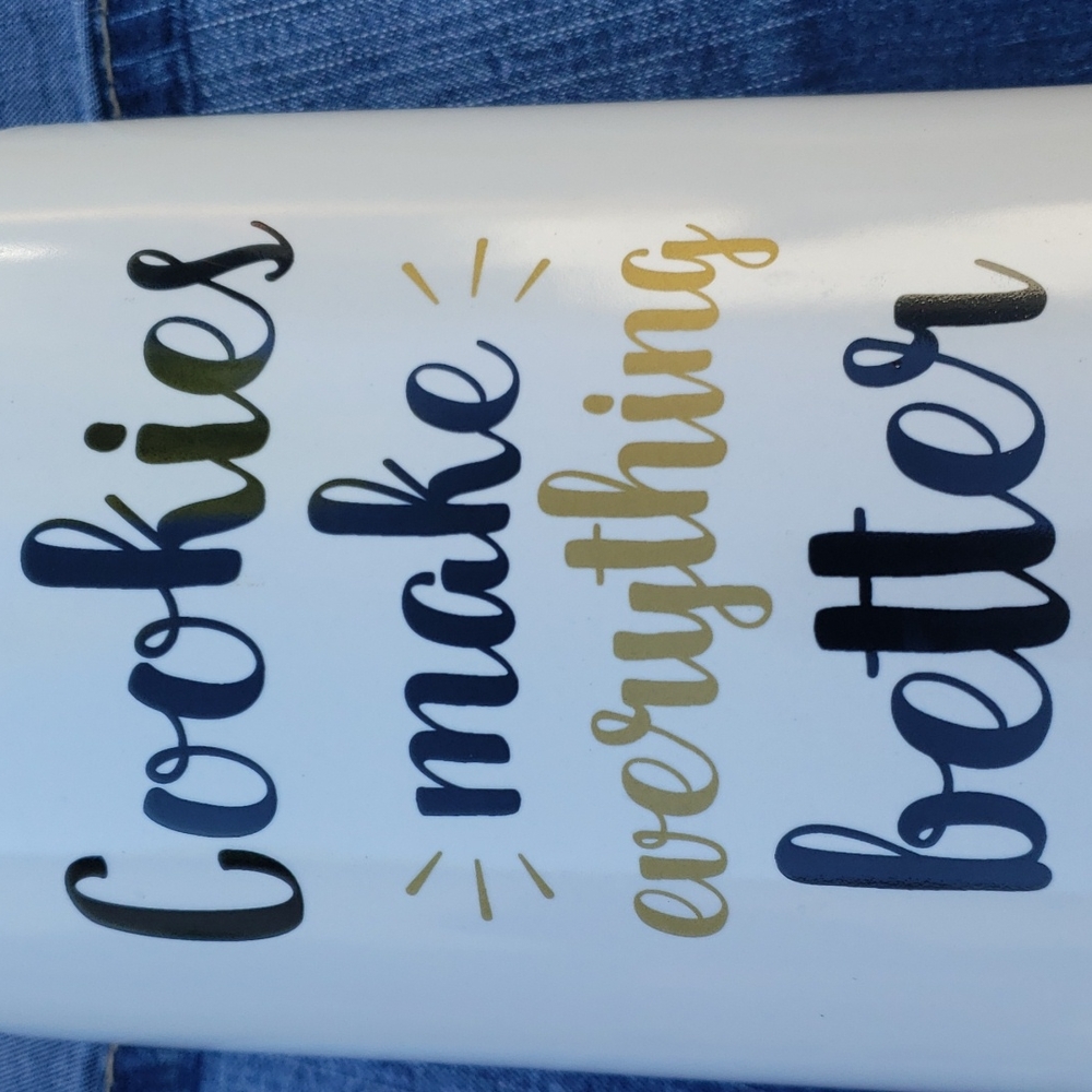 $15 or 2/$20. Small White Ceramic Cookie Jar "Cookies Make Everything Better"